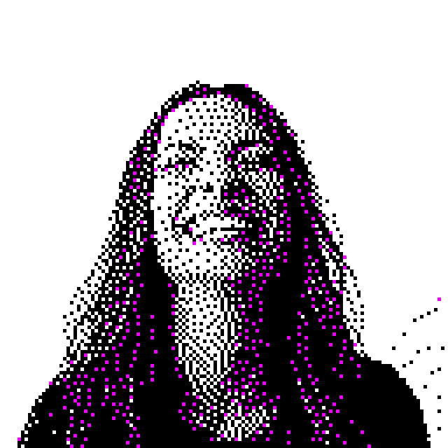 Dithered woman portrait with 3 colors - black, white, and pink